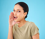 Woman, hand and mouth for whisper in studio portrait with chat, gossip or story by blue background. Girl, person and talking for secret conversation, news or information with privacy, rumor or speech