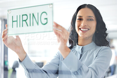 Buy stock photo Business woman, hiring poster and portrait with smile for welcome, talent or human resources office. Manager, person and happy with sign for recruitment drive for employees, onboarding or opportunity