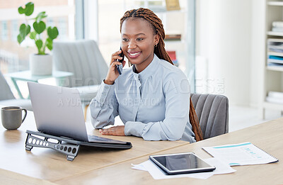 Buy stock photo Black woman, phone call and laptop with smile, thinking and reading with networking, accounting or advice. African financial advisor, person and smartphone for contact, happy and computer with vision