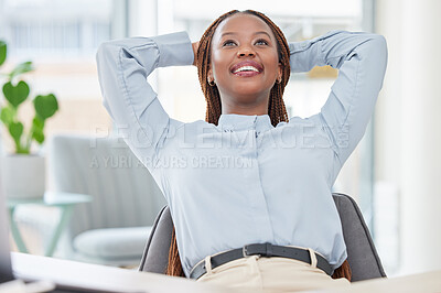 Buy stock photo Thinking, relax or black woman in office happy taking break for mental health, vision or ideas in workplace. Calm freedom, business or African worker with smile or wellness stretching for resting