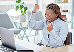 Black woman, laptop and fist celebration in office for goal, investment profit or revenue on stock market. African trader, person and winner with cheers, computer and excited for financial freedom