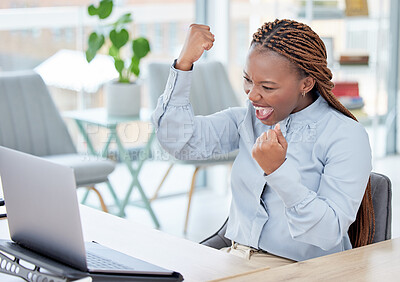 Buy stock photo Black woman, laptop and fist celebration in office for goal, investment profit or revenue on stock market. African trader, person and winner with cheers, computer and excited for financial freedom