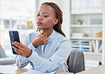 Woman, cellphone and throat or pain sick in office for internet search symptoms, online connection for flu problem. Black person, corporate business and digital device for unhappy, stress for cold