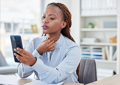 Buy stock photo Woman, cellphone and throat or pain sick in office for internet search symptoms, online connection for flu problem. Black person, corporate business and digital device for unhappy, stress for cold