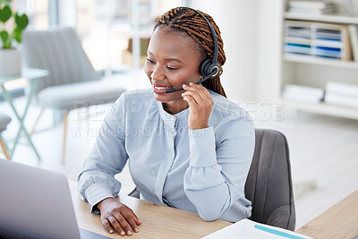 Buy stock photo African woman, call center and happy by laptop with thinking, contact us and telemarketing. Consultant, agent or employee girl with pc, mic and headphones for customer support at insurance company