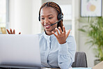 African woman, call center and smile by laptop for communication, contact us or telemarketing. Consultant, agent or employee girl with pc, mic or headphones for customer support at insurance company