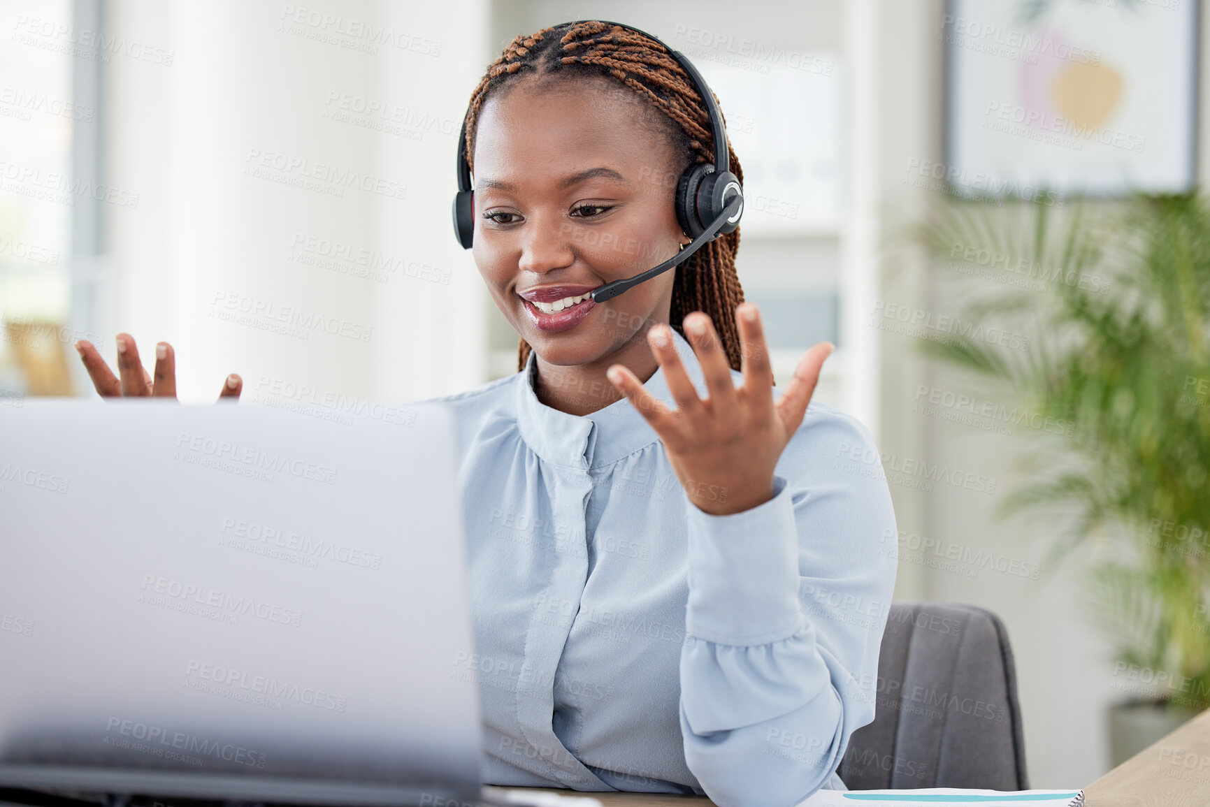 Buy stock photo African woman, call center and smile by laptop for communication, contact us or telemarketing. Consultant, agent or employee girl with pc, mic or headphones for customer support at insurance company