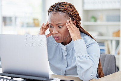 Black woman, laptop and stress headache in office with mistake, fail or error at accounting agency. Employee, accountant and frustrated face with thinking, 404 glitch or ideas with anger for pc crash
