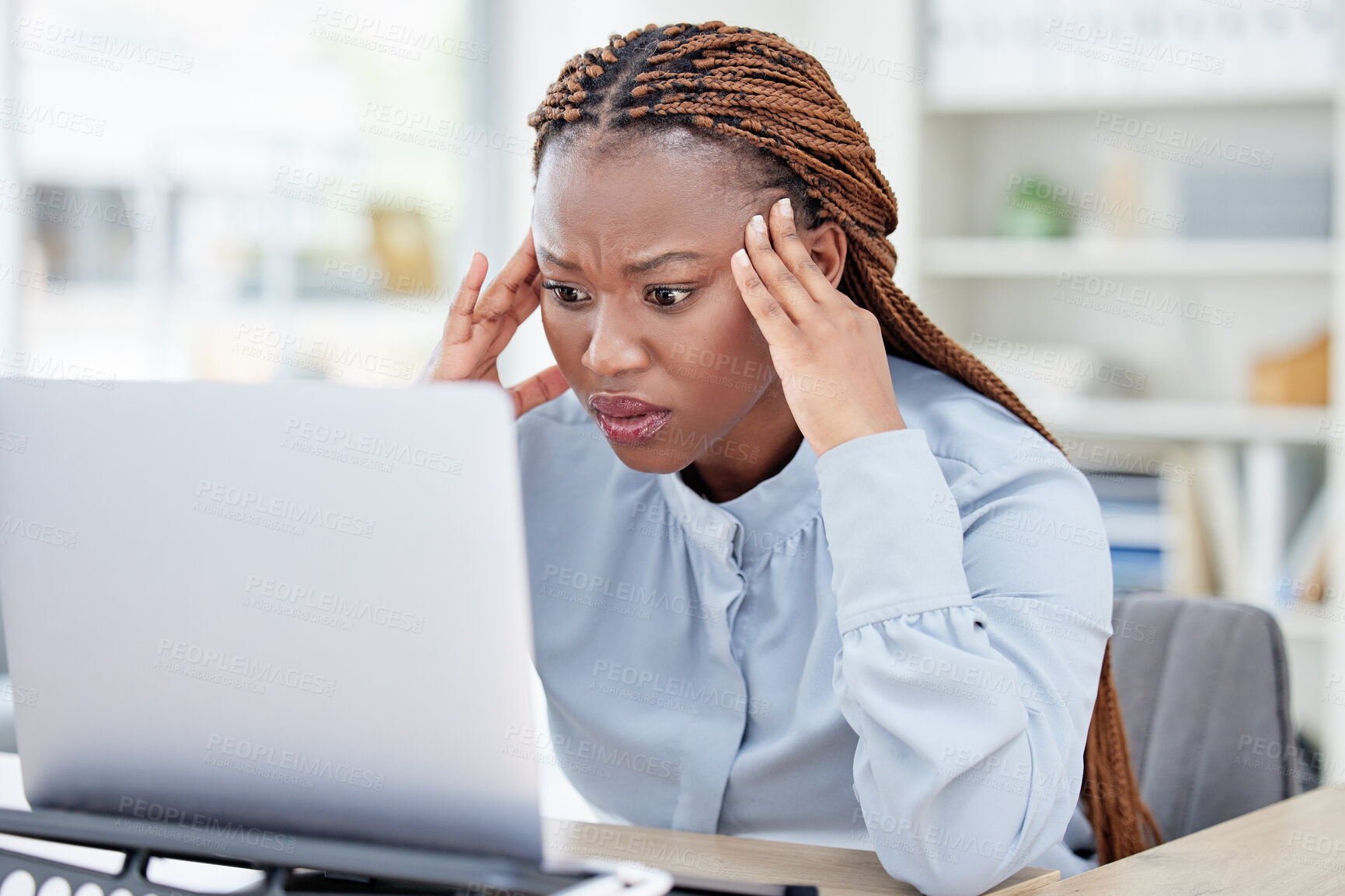 Buy stock photo Black woman, laptop and stress headache in office with mistake, fail or error at accounting agency. Employee, accountant and frustrated face with thinking, 404 glitch or ideas with anger for pc crash