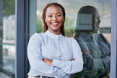 Buy stock photo Happy, crossed arms and professional black woman at office with positive, good and confident attitude. Smile, smart and portrait of young African female attorney with law career at workplace.