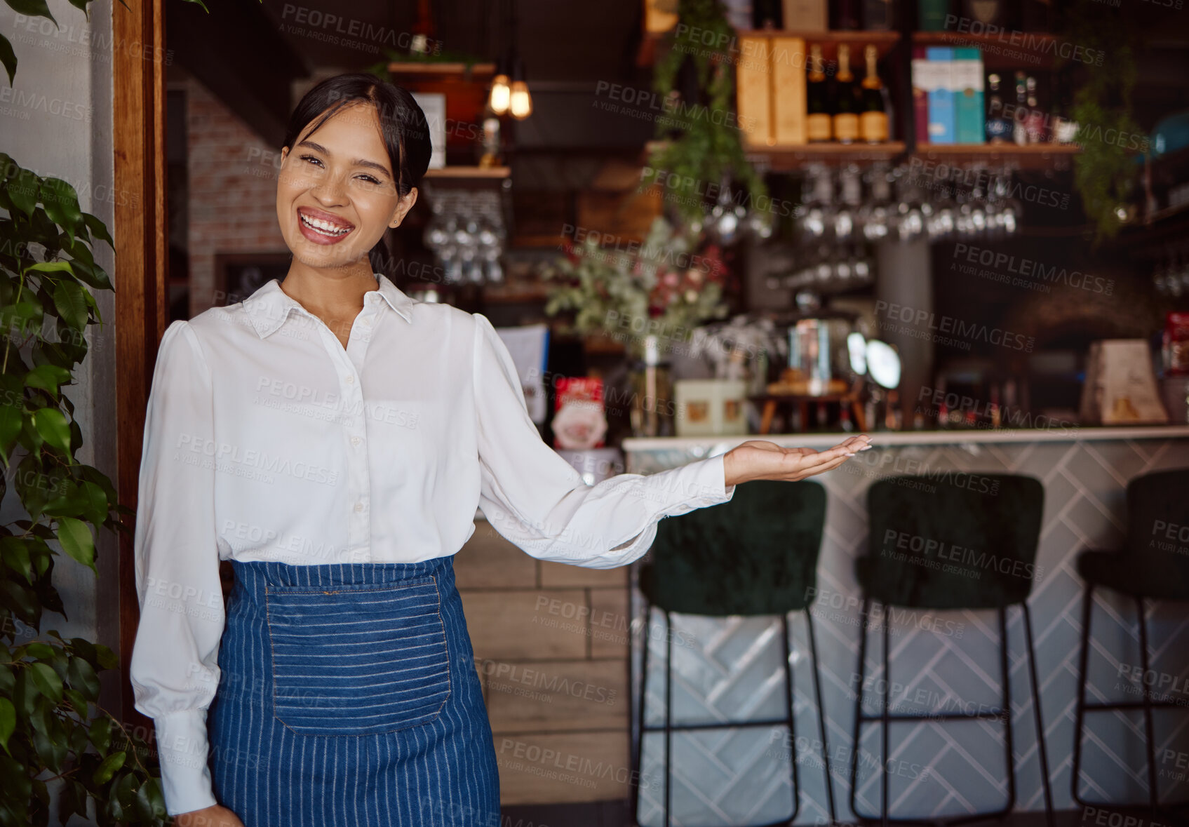 Buy stock photo Welcome, restaurant waiter and business owner giving service with a smile at a coffee shop. Portrait of a black woman working as a waitress at a cafe, coffee shop or small business for fine dining 