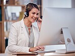 Woman, call center and smile on computer for telemarketing, customer service or support at office desk. Happy friendly female consultant or agent smiling for consulting in contact us for sales on PC