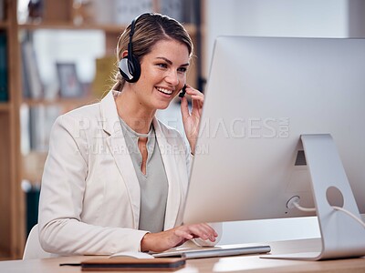 Buy stock photo Woman, call center and smile on computer for telemarketing, customer service or support at office desk. Happy friendly female consultant or agent smiling for consulting in contact us for sales on PC