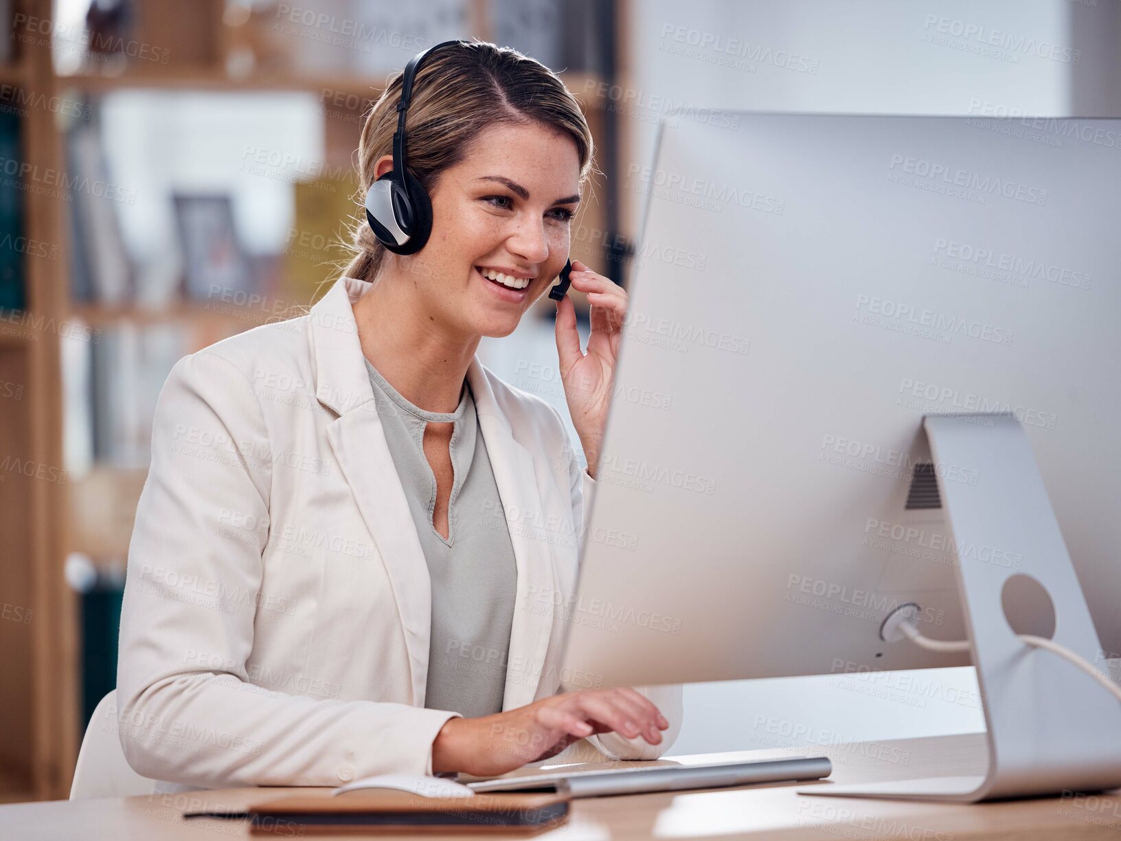 Buy stock photo Woman, call center and smile on computer for telemarketing, customer service or support at office desk. Happy friendly female consultant or agent smiling for consulting in contact us for sales on PC