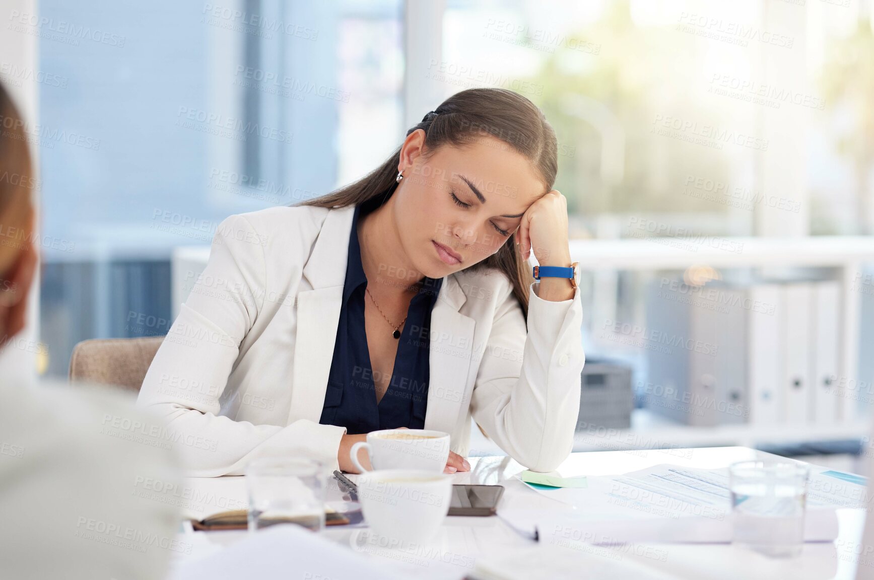 Buy stock photo Business woman sleeping in meeting, office and desk with burnout, headache and stress. Tired, sad and worker asleep in company with fatigue, mental health crisis and depression of frustrated workload