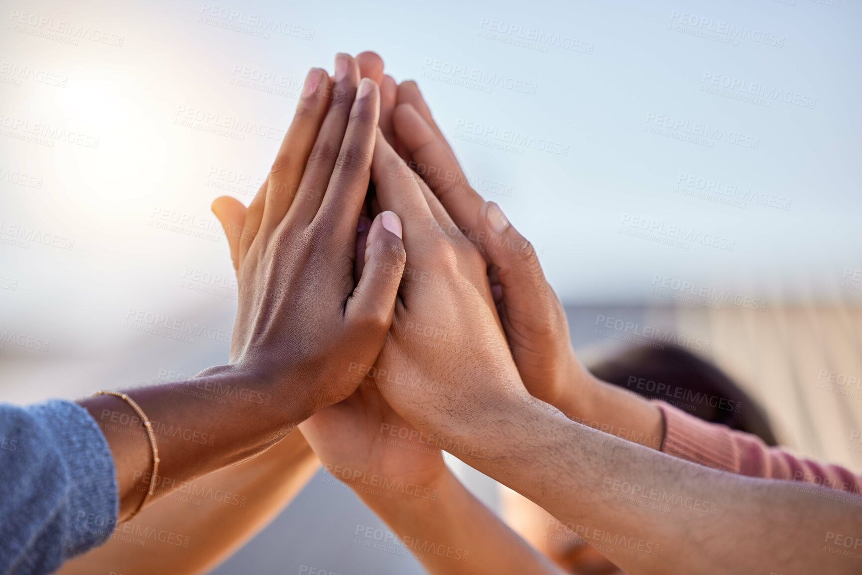 Buy stock photo Hands, high five and people in support, teamwork and solidarity of success, agreement goal and diversity. Hand, partnership and celebrate collaboration of community, motivation and winner achievement