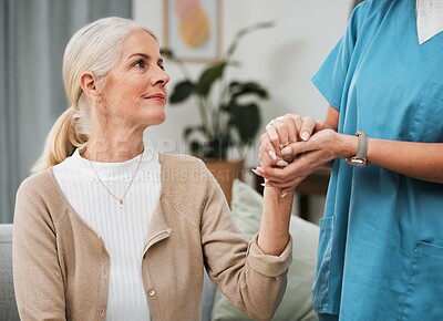 Buy stock photo Trust, old woman or nurse holding hands in hospital consulting after surgery or medical test results for support. Empathy, hope or doctor in healthcare clinic nursing or helping sick elderly patient