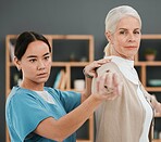 Senior patient, stretching and physiotherapy rehabilitation nurse help for fitness, muscle and support. Asian physiotherapist woman with elderly person for physical therapy, care and healing exercise