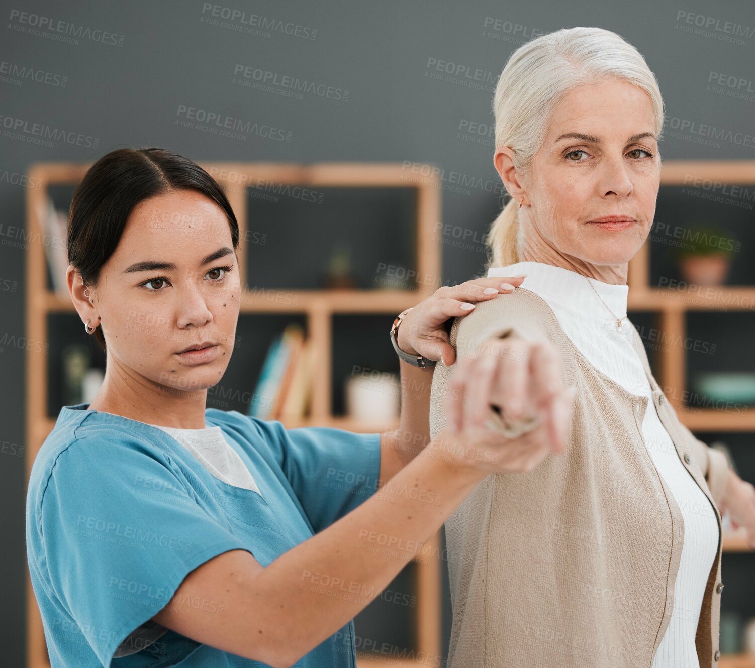 Buy stock photo Senior patient, stretching and physiotherapy rehabilitation nurse help for fitness, muscle and support. Asian physiotherapist woman with elderly person for physical therapy, care and healing exercise