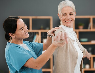 Buy stock photo Support, senior and woman with a doctor for physical therapy, rehabilitation and healthcare. Help, training and elderly patient with a physiotherapist for physiotherapy, exercise and treatment