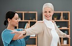 Physiotherapy, senior woman and shoulder massage of a Asian physiotherapist and rehabilitation. Physical therapy, retirement and elderly patient with happiness from arm adjustment and stretching