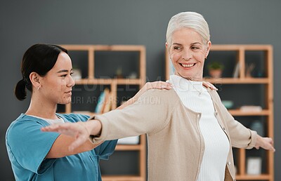 Buy stock photo Physiotherapy, senior woman and shoulder massage of a Asian physiotherapist and rehabilitation. Physical therapy, retirement and elderly patient with happiness from arm adjustment and stretching