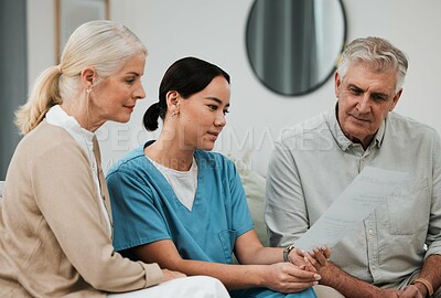 Buy stock photo Senior couple, doctor and life insurance document questions for hospital and health paperwork. Asian woman, conversation and consulting survey in a wellness clinic with data and policy report