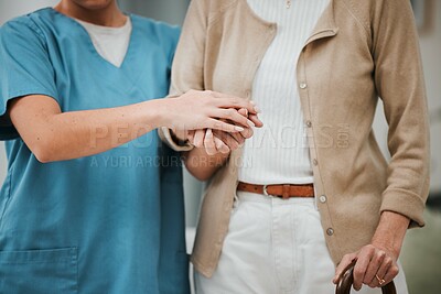 Buy stock photo Walking stick, senior woman and nurse holding hands for disability support, help or retirement nursing service.  Elderly patient or disabled person with caregiver for Parkinson, arthritis or mobility