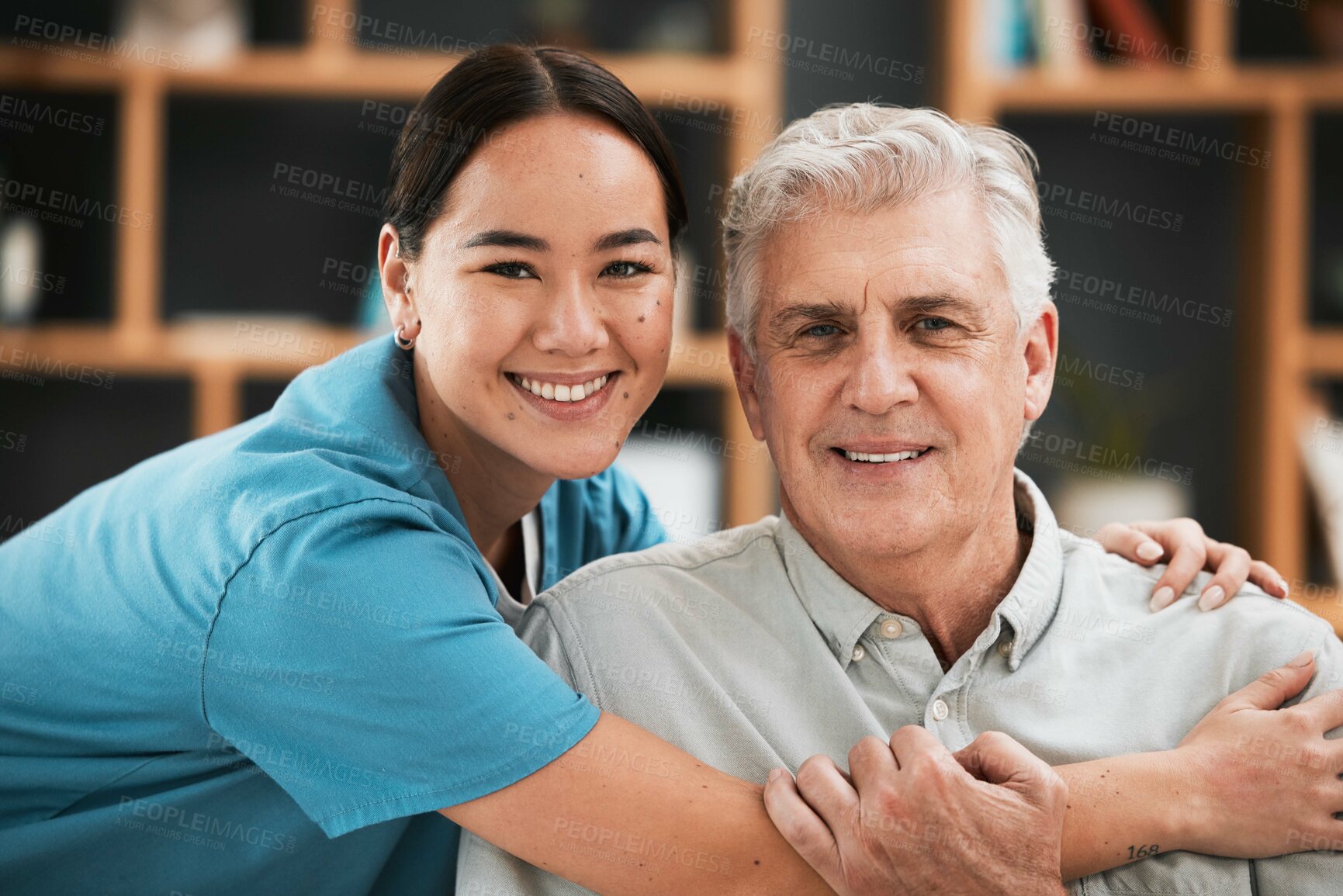 Buy stock photo Asian nurse, elderly man and hug in portrait with support, empathy and nursing home care for retirement. Doctor, senior patient and kindness with solidarity, helping hand and excited face for embrace