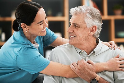 Buy stock photo Hope, happy old man or nurse hug in hospital consulting about medical test news or results for support. Empathy, trust or doctor smiles in healthcare clinic nursing or helping sick elderly patient 