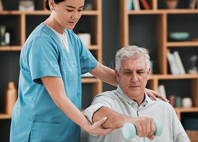 Buy stock photo Senior man, dumbbell and physiotherapy rehabilitation nurse help for fitness, muscle and support. Healthcare physiotherapist woman with elderly patient for physical therapy and stretching exercise