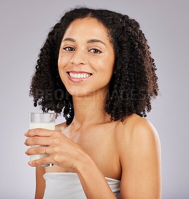Buy stock photo Coconut milk, health and portrait of happy black woman with wellness drink for skincare. Calcium nutrition, collagen and eco friendly smoothie of a model with smile from detox product with studio 