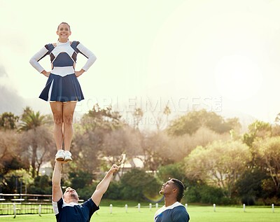 Buy stock photo Cheerleader, people on team outdoor and athlete group with fitness, uniform and cheerleading routine with balance. Exercise, competition and cheers, collaboration and happy with sport event on campus