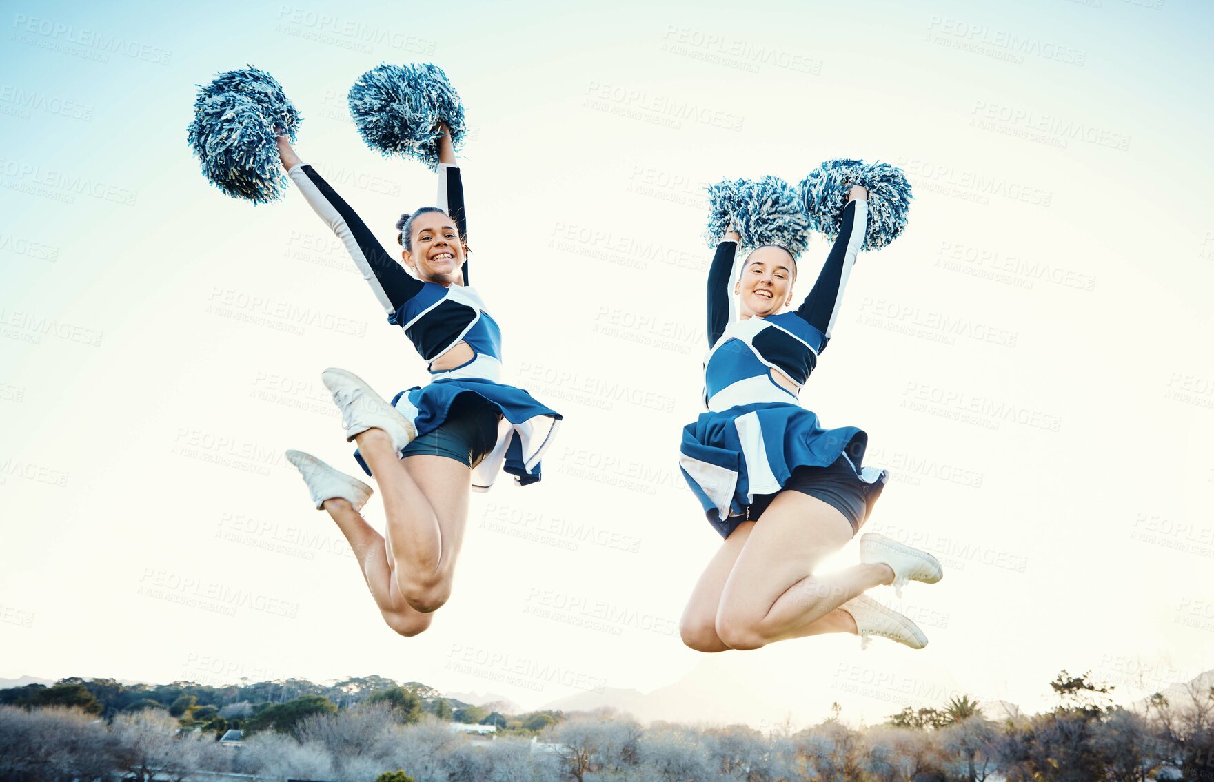 Buy stock photo Cheerleader, women team and sports jump outdoor for fitness, training and celebration for win. Teamwork of athlete people together for competition, blue sky and motivation for cheerleading portrait