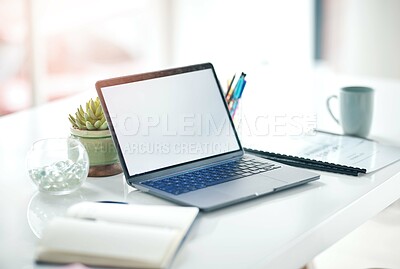 Buy stock photo Online payment confirmation, laptop and empty office with ecommerce pay slip from web shopping. Digital, checkout notification and computer transaction sale on a website with isolated workspace
