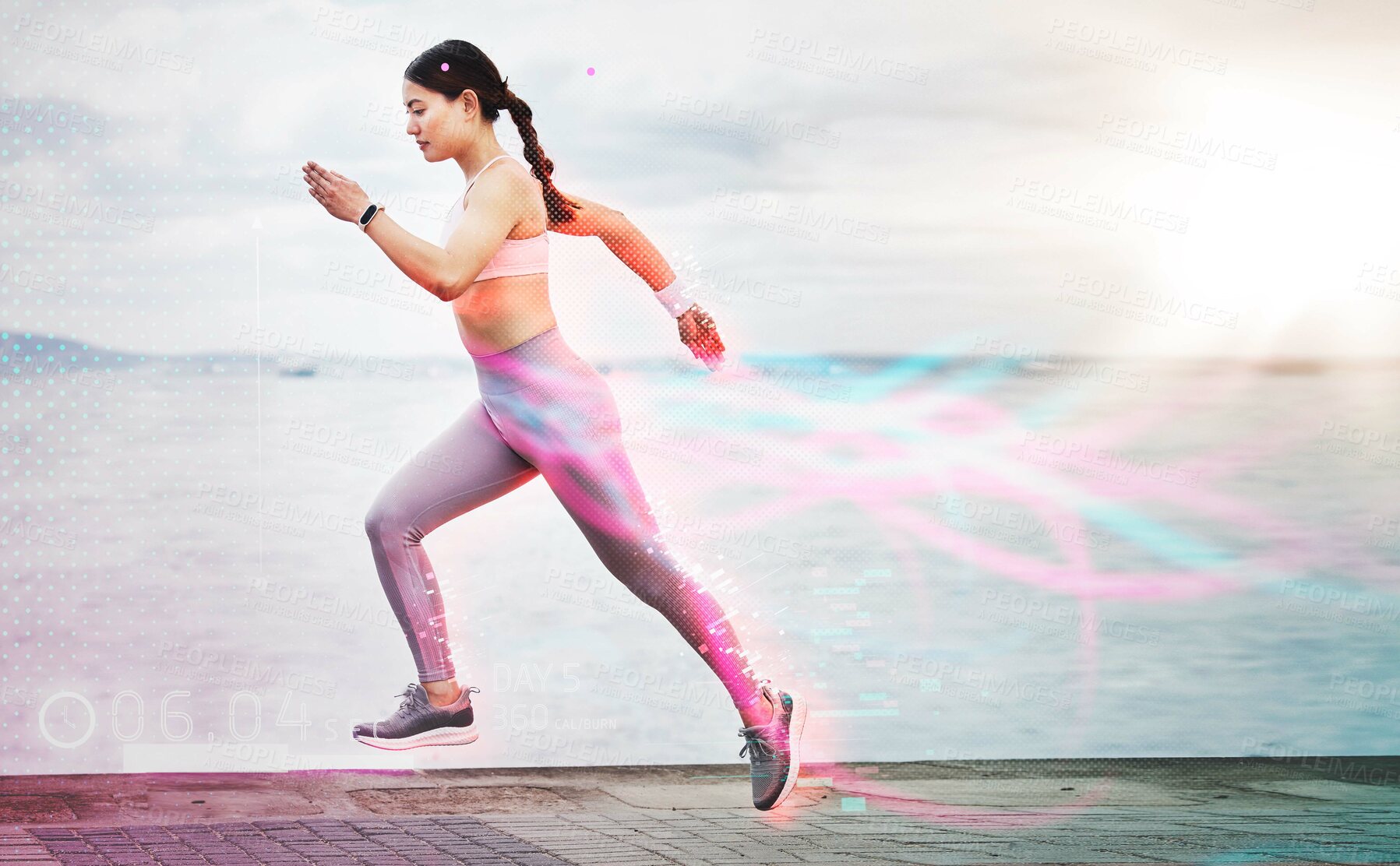 Buy stock photo Fitness, exercise and woman running, hologram and promenade for workout, wellness or healthy lifestyle. Female runner, athlete or girl training, holographic or track progress for pulse or endurance  