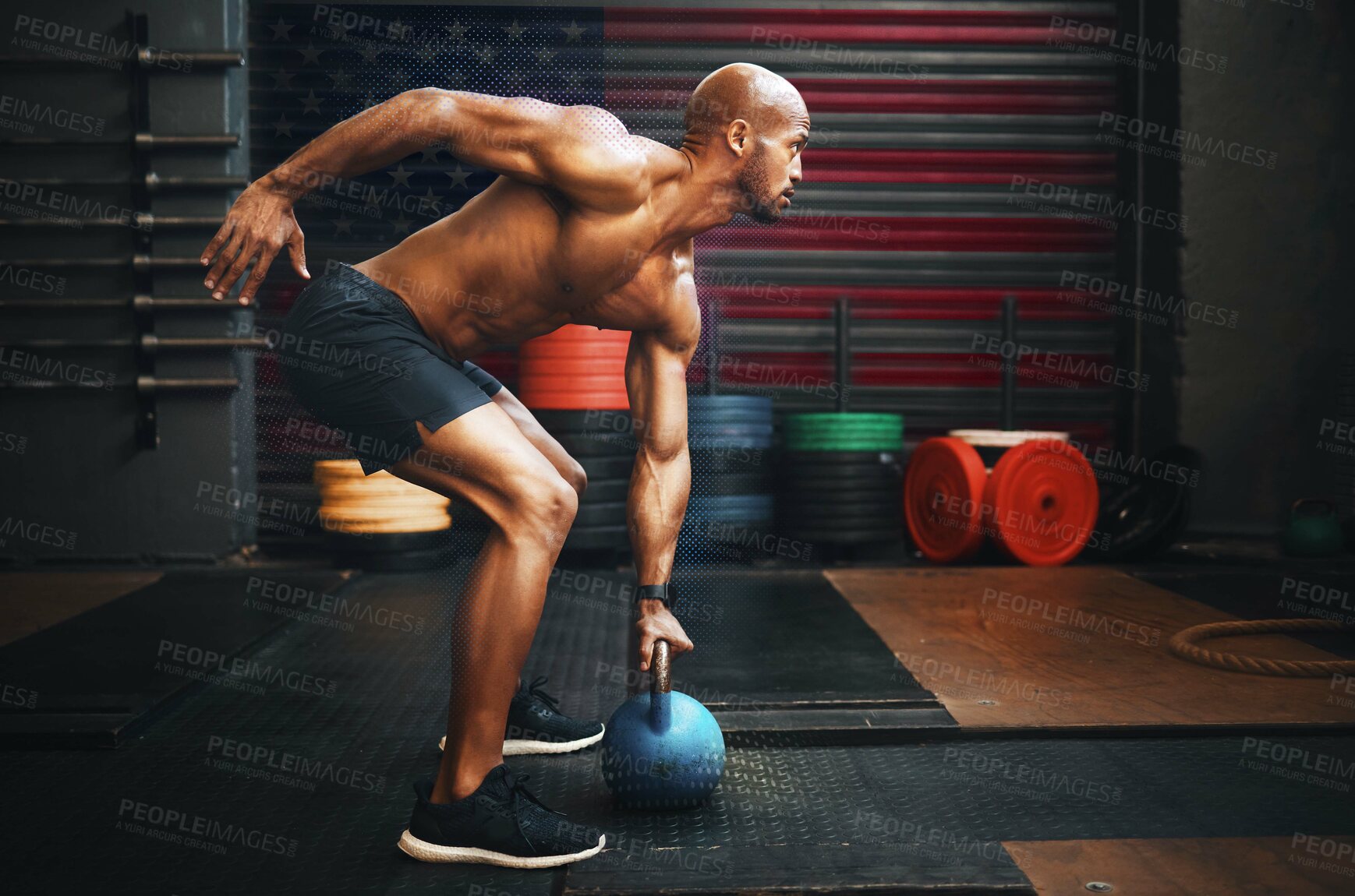 Buy stock photo Fitness, weightlifting and black man with kettlebell in gym training for competition, health and body wellness. Sports, workout and exercise, African American athlete lifting with power and strength.