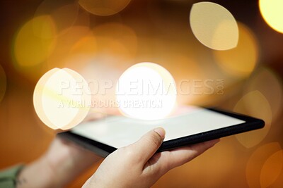 Buy stock photo Woman, hands and tablet at night for bitcoin trading, finance or investment in the city outdoors. Hand of female person, trader or freelancer working late with technology display for cryptocurrency