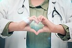 Healthcare, professional and heart sign with woman in closeup for medicine or service. Medical expert, support and love hand for cardiology or hope and care with worker for wellness or insurance.