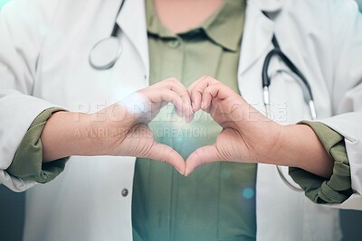 Buy stock photo Healthcare, professional and heart sign with woman in closeup for medicine or service. Medical expert, support and love hand for cardiology or hope and care with worker for wellness or insurance.