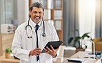 Medical, tablet and doctor with portrait of man for consulting, research and network. Medicine, healthcare and telehealth with senior person in clinic for life insurance, online report and technology