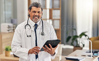 Buy stock photo Medical, tablet and doctor with portrait of man for consulting, research and network. Medicine, healthcare and telehealth with senior person in clinic for life insurance, online report and technology