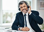 Portrait, call center and mature man happy for business, customer service and listening for support. Face smile, telemarketing and professional, sales agent or consultant working at help desk for crm