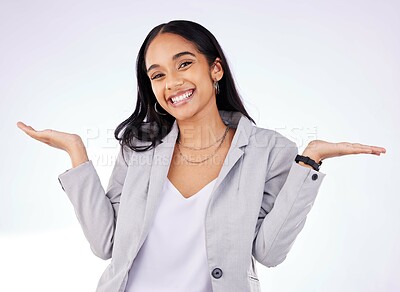 Buy stock photo Happy, shrug and portrait of a businesswoman in a studio with a choice, decision or option expression. Smile, happiness and professional female model with a dont know hand gesture by gray background.