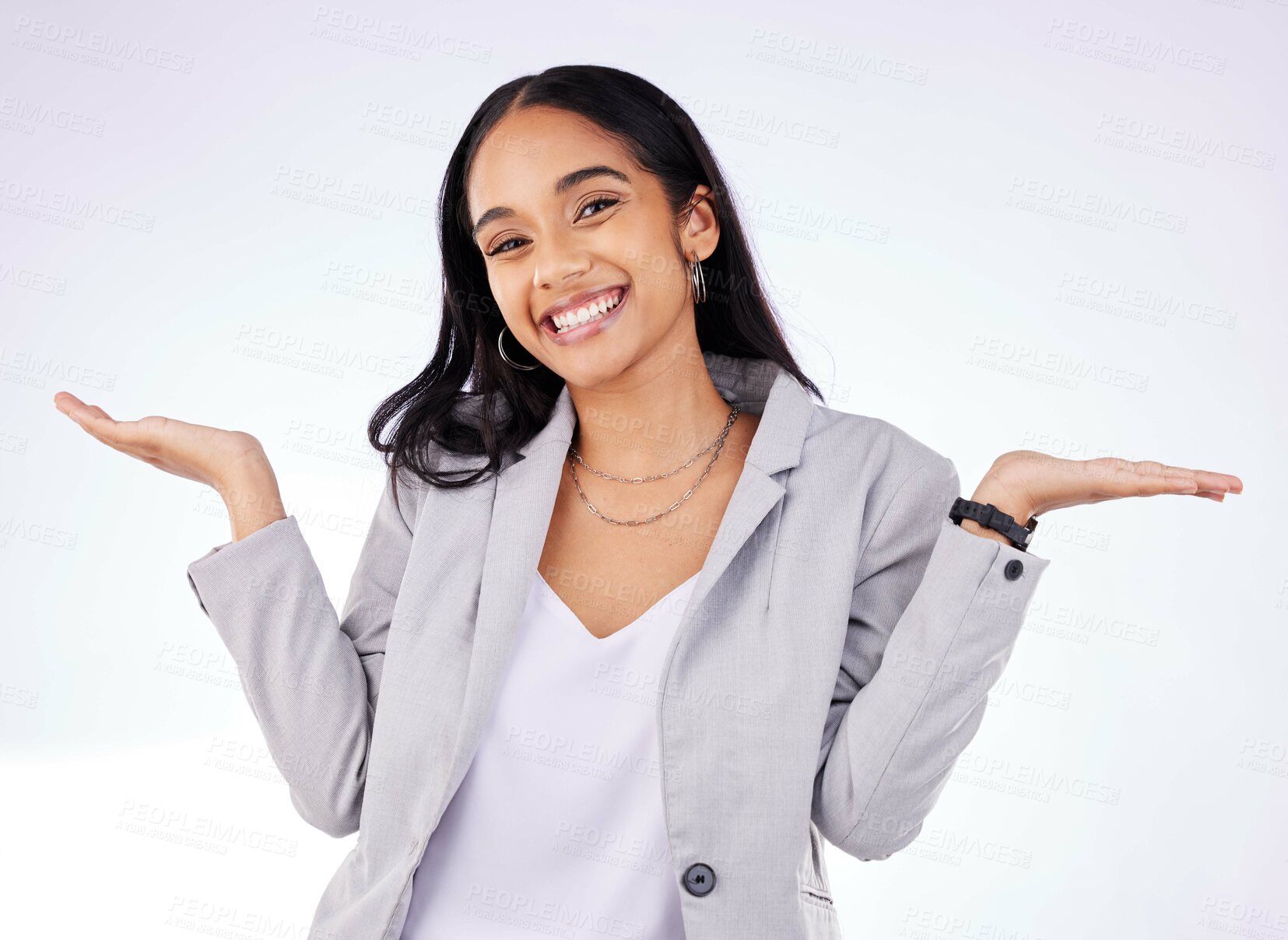 Buy stock photo Happy, shrug and portrait of a businesswoman in a studio with a choice, decision or option expression. Smile, happiness and professional female model with a dont know hand gesture by gray background.