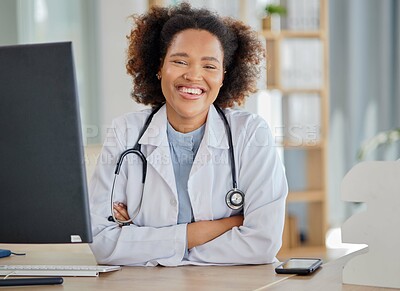 Buy stock photo Black woman, portrait and doctor at desk in hospital for medical services, advice and consultation. Medicine, healthcare and happy young female therapist confident in consulting with trust in clinic