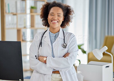 Buy stock photo Black woman, portrait and doctor with arms crossed in hospital for medical services, advice and wellness consulting. Medicine, healthcare and happy young female therapist working with trust in clinic