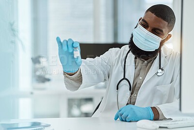 Buy stock photo Medicine, vaccine and a doctor man with a mask for virus protection, health care and cure in hospital. Black person with a pharmaceutical product, vial or container for covid treatment or prevention