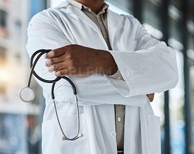 Buy stock photo Hands of person, doctor and arms crossed with stethoscope in surgery, clinic and trust in hospital. Closeup of medical worker, cardiology professional and tools for consulting of healthcare services 