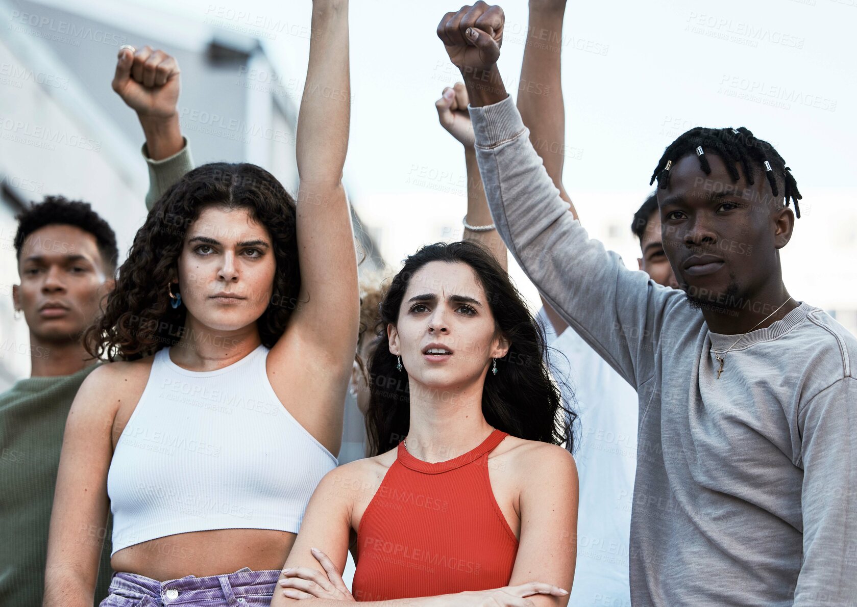 Buy stock photo Protest, diversity and people in solidarity for justice, human rights and democracy in a city. Rally, women and men united for peace, change and power, transformation or community activism fight